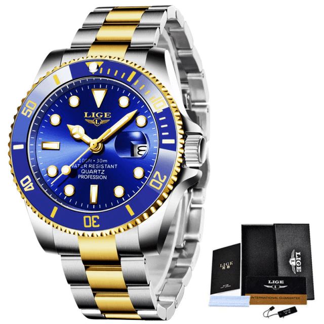 Relógio Lige High Tech Masculino Aço Relógios de pulso Mega Indico Prata/Dourado/Azul 