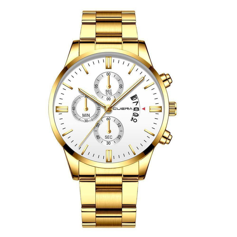 Relógio Masculino Cuena Estilo Inox Fosco Luxo Edition Relógios Masculinos 20 Mega Indico Dourado com Branco 